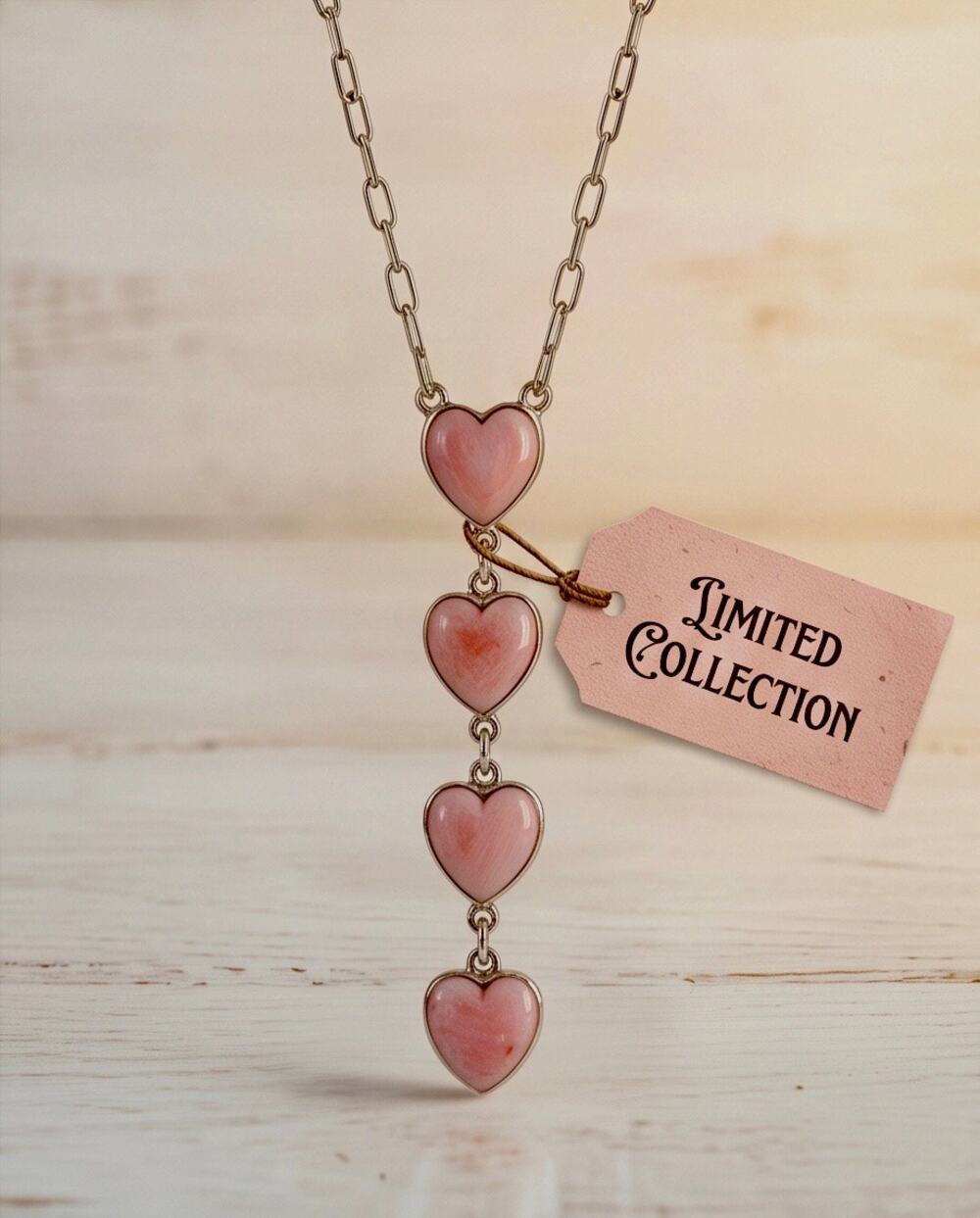 Pink Conch Hearts Sterling Silver Paper Chain Necklace 18” Boho